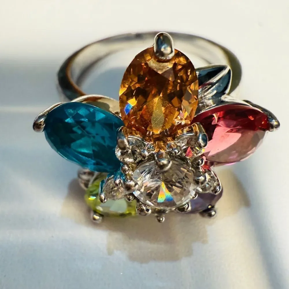 Colorful Flower Cocktail Ring with Multicolor Gemstones – Size 9.5